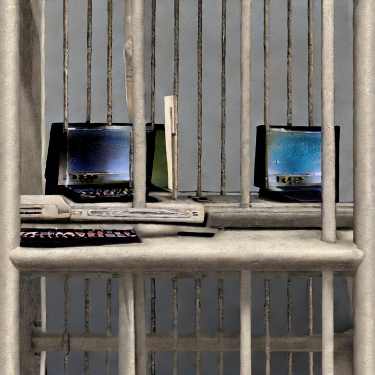 Tekoälyllä luotu kuva, jossa tietokone on vankilan kalterien takana.